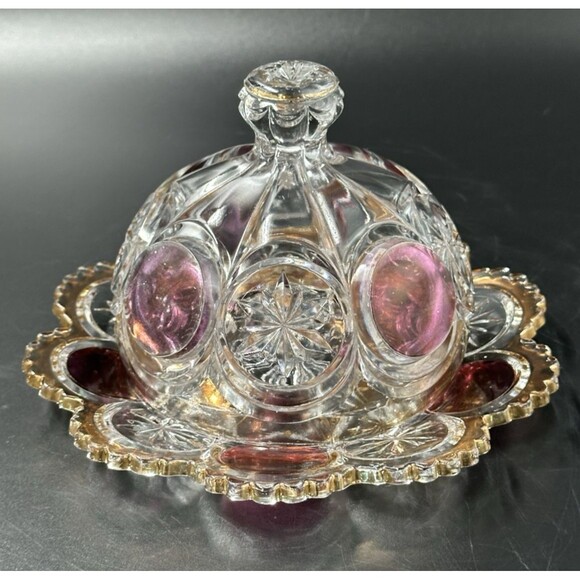 US Glass Cromwell Knobby Bulls Eye Moon Stars Ruby Gold Trim Domed Butter Dish - Picture 4 of 8